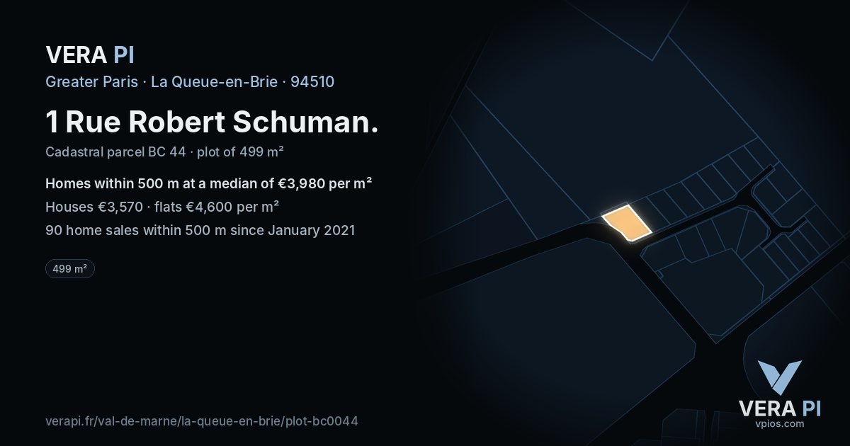 1 Rue Robert Schuman, La Queue-en-Brie at night – the plot lit, the parcels around coloured by the prices near them