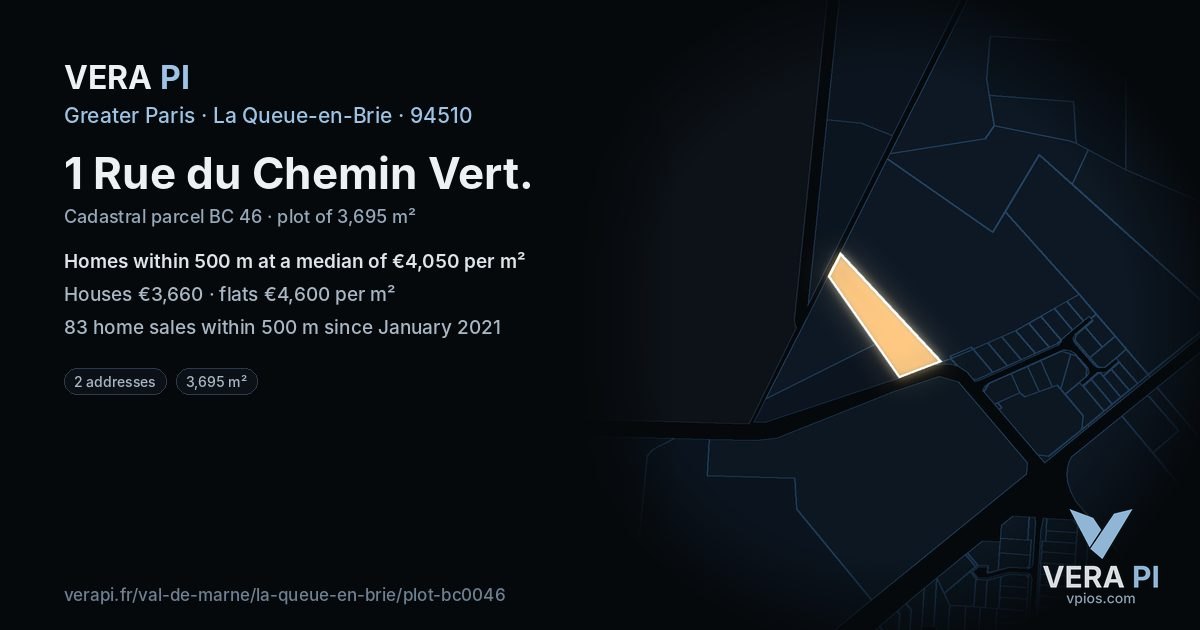 1 Rue du Chemin Vert, La Queue-en-Brie at night – the plot lit, the parcels around coloured by the prices near them