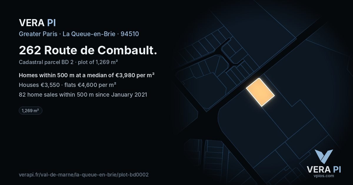 262 Route de Combault, La Queue-en-Brie at night – the plot lit, the parcels around coloured by the prices near them