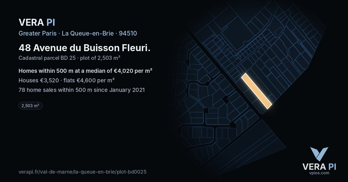 48 Avenue du Buisson Fleuri, La Queue-en-Brie at night – the plot lit, the parcels around coloured by the prices near them