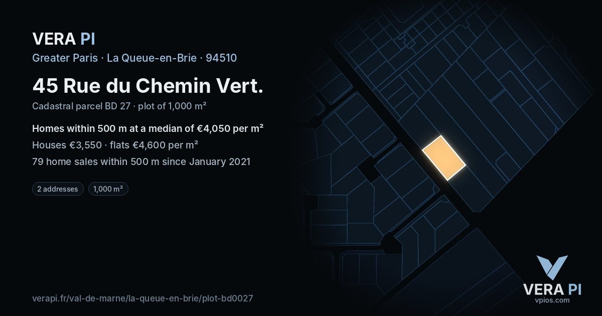 45 Rue du Chemin Vert, La Queue-en-Brie at night – the plot lit, the parcels around coloured by the prices near them