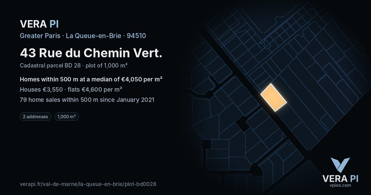 43 Rue du Chemin Vert, La Queue-en-Brie at night – the plot lit, the parcels around coloured by the prices near them