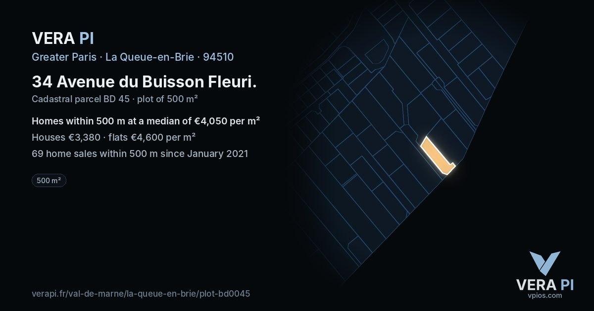 34 Avenue du Buisson Fleuri, La Queue-en-Brie at night – the plot lit, the parcels around coloured by the prices near them
