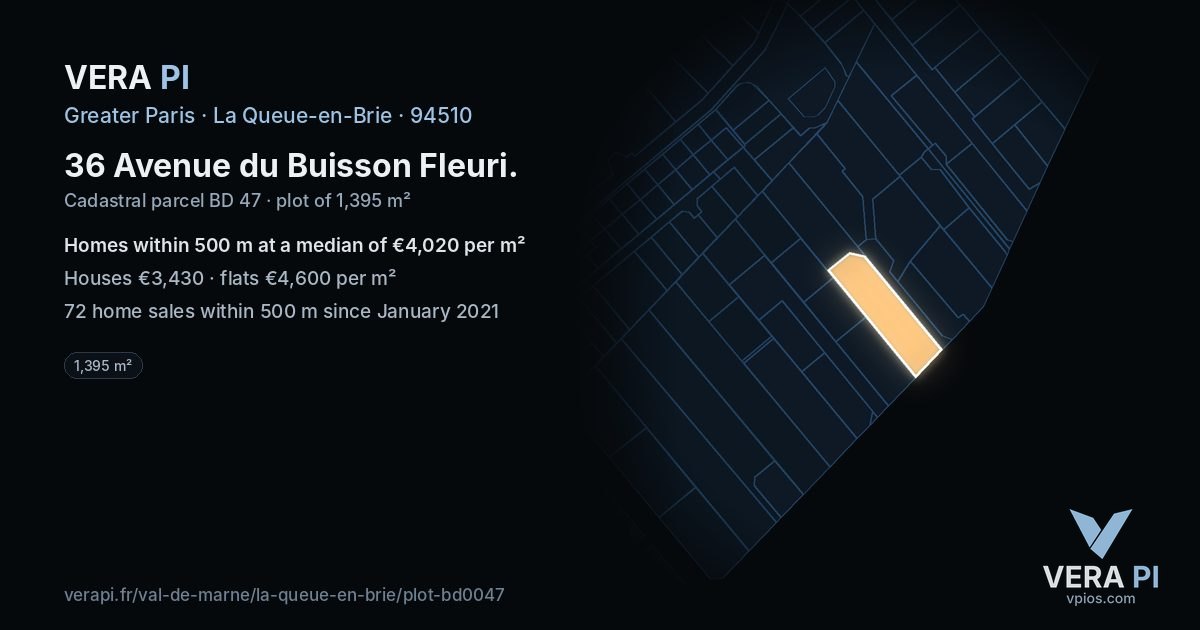 36 Avenue du Buisson Fleuri, La Queue-en-Brie at night – the plot lit, the parcels around coloured by the prices near them