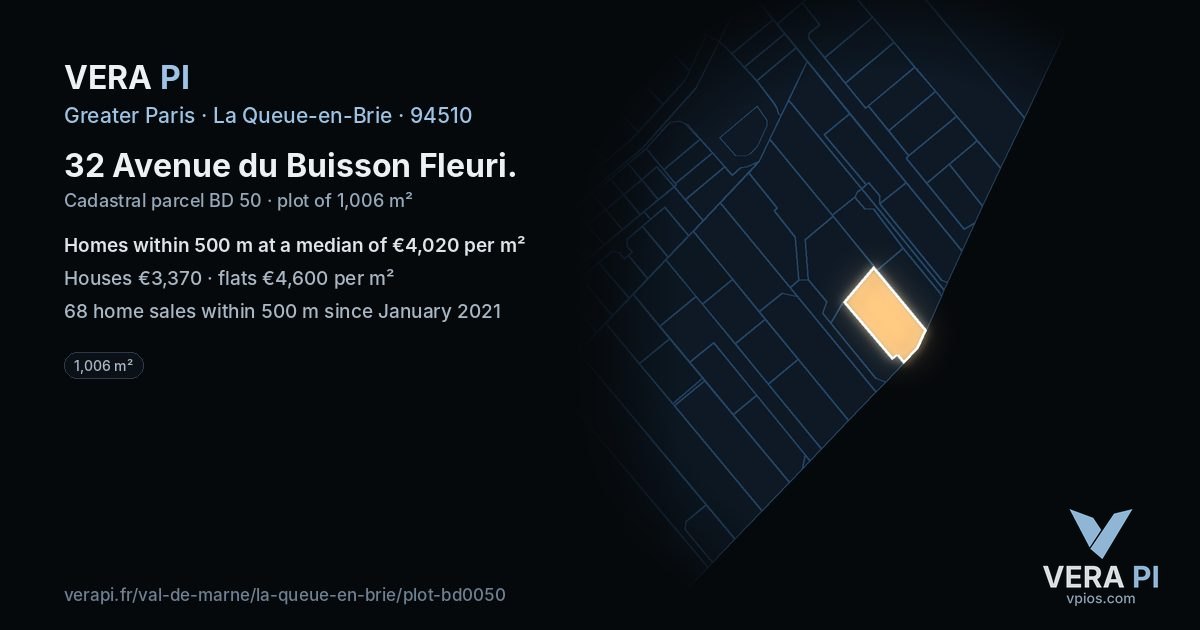32 Avenue du Buisson Fleuri, La Queue-en-Brie at night – the plot lit, the parcels around coloured by the prices near them
