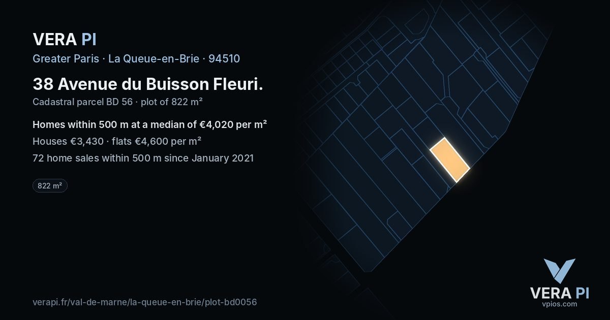 38 Avenue du Buisson Fleuri, La Queue-en-Brie at night – the plot lit, the parcels around coloured by the prices near them