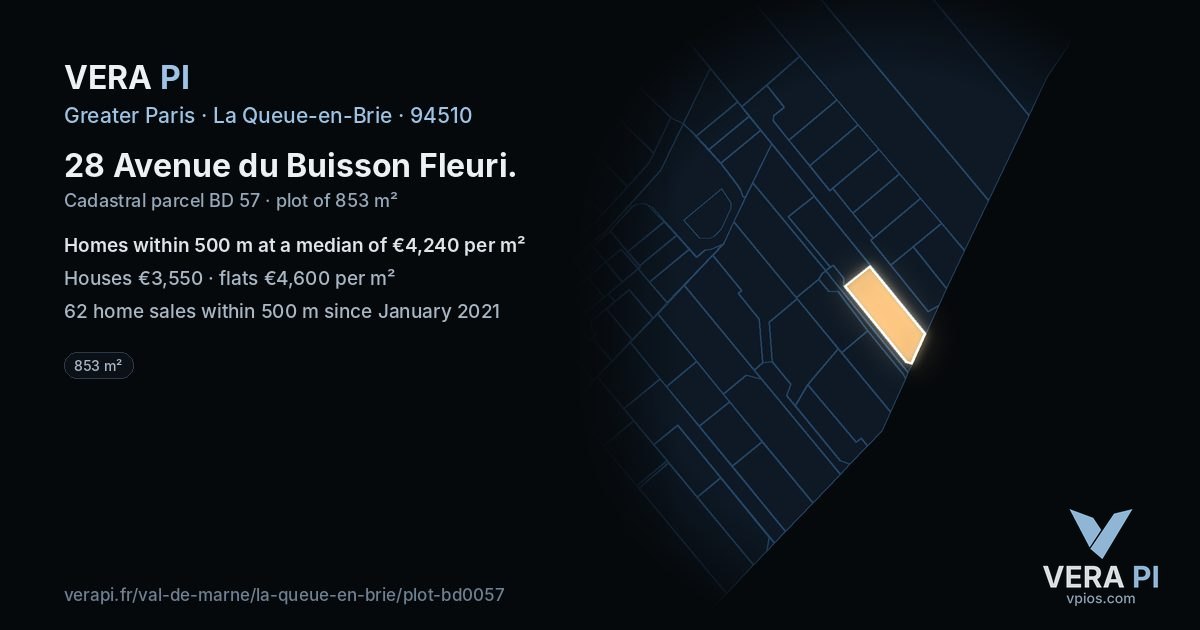 28 Avenue du Buisson Fleuri, La Queue-en-Brie at night – the plot lit, the parcels around coloured by the prices near them