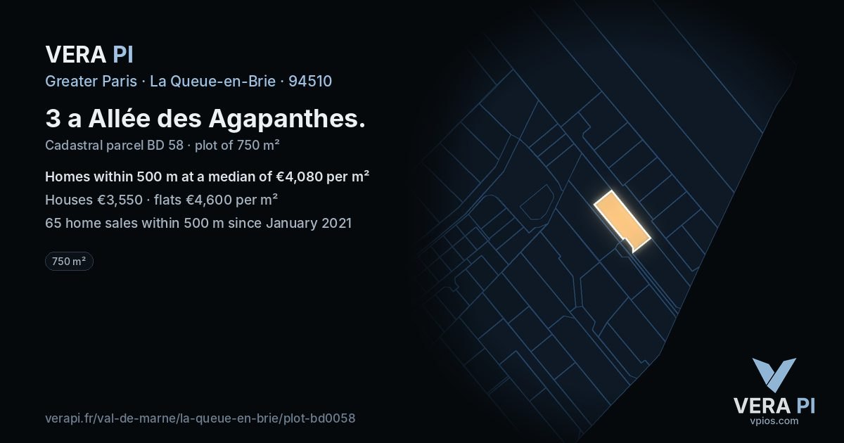 3 a Allée des Agapanthes, La Queue-en-Brie at night – the plot lit, the parcels around coloured by the prices near them