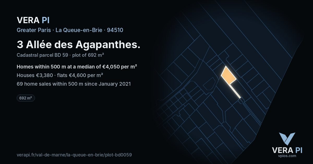 3 Allée des Agapanthes, La Queue-en-Brie at night – the plot lit, the parcels around coloured by the prices near them
