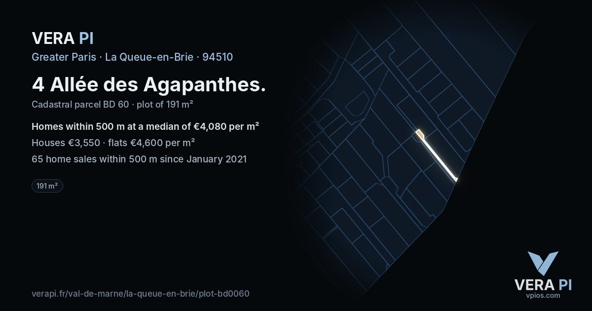 4 Allée des Agapanthes, La Queue-en-Brie at night – the plot lit, the parcels around coloured by the prices near them