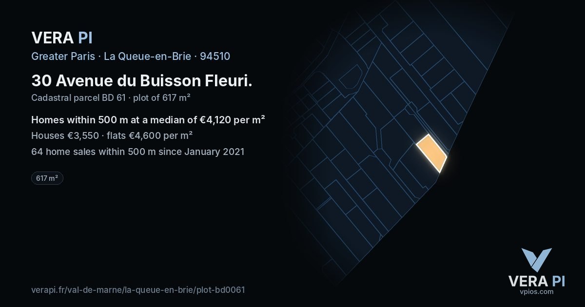 30 Avenue du Buisson Fleuri, La Queue-en-Brie at night – the plot lit, the parcels around coloured by the prices near them
