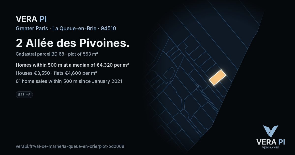 2 Allée des Pivoines, La Queue-en-Brie at night – the plot lit, the parcels around coloured by the prices near them