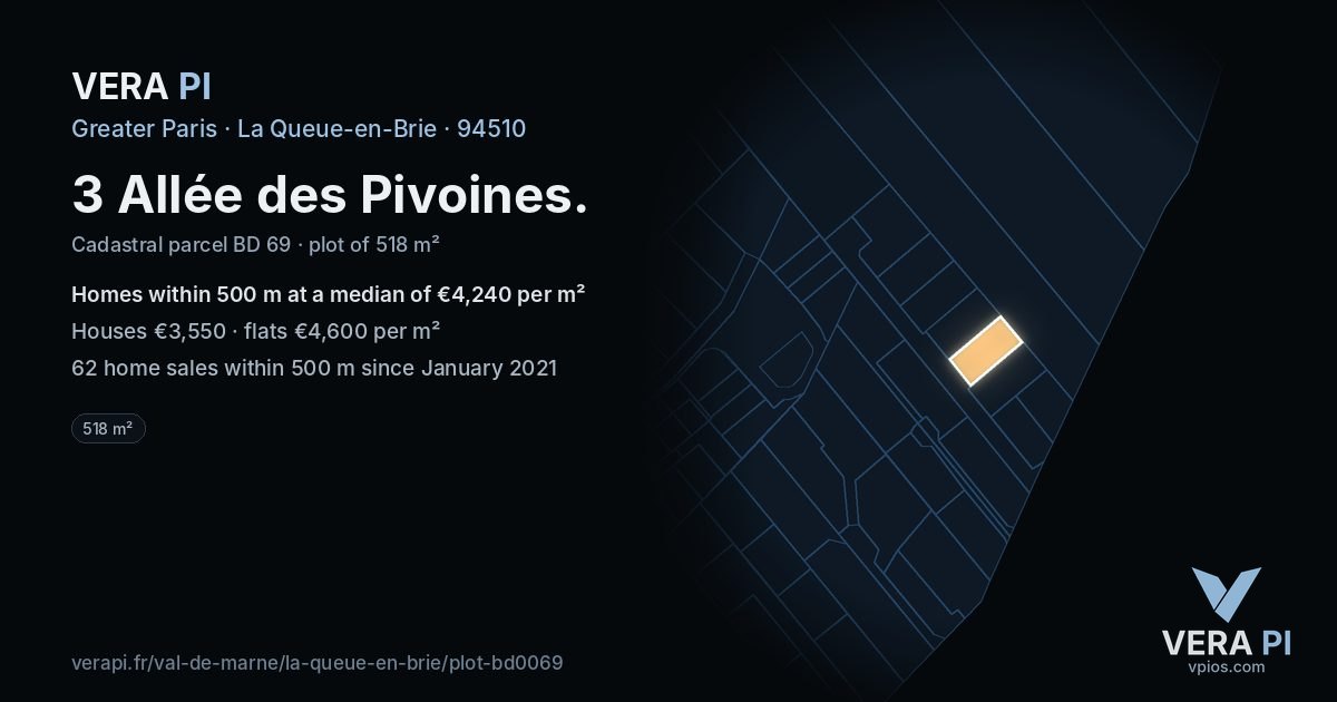 3 Allée des Pivoines, La Queue-en-Brie at night – the plot lit, the parcels around coloured by the prices near them