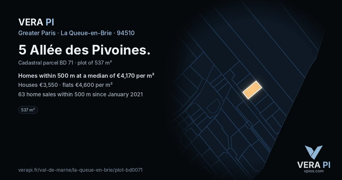 5 Allée des Pivoines, La Queue-en-Brie at night – the plot lit, the parcels around coloured by the prices near them