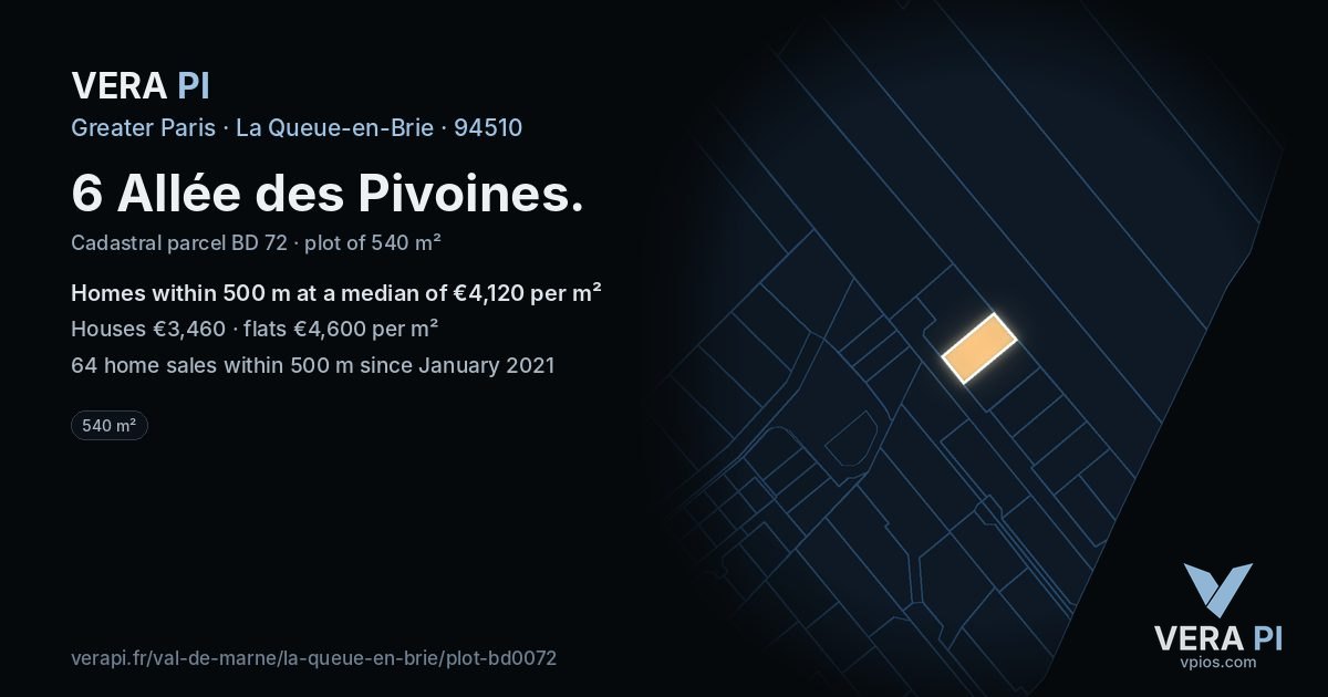 6 Allée des Pivoines, La Queue-en-Brie at night – the plot lit, the parcels around coloured by the prices near them