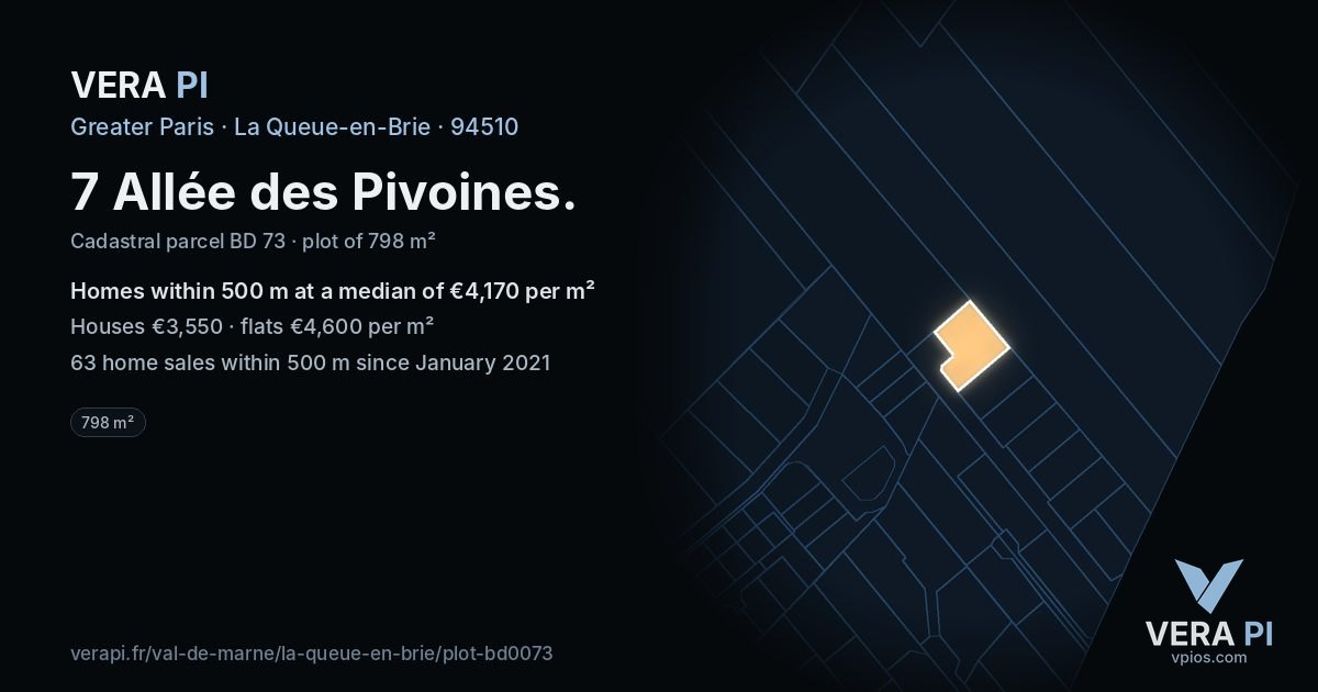 7 Allée des Pivoines, La Queue-en-Brie at night – the plot lit, the parcels around coloured by the prices near them