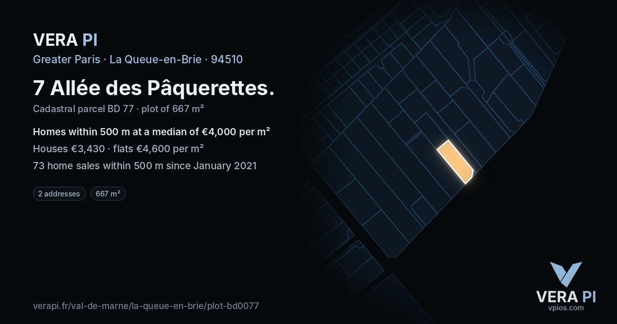7 Allée des Pâquerettes, La Queue-en-Brie at night – the plot lit, the parcels around coloured by the prices near them