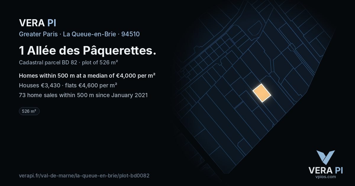 1 Allée des Pâquerettes, La Queue-en-Brie at night – the plot lit, the parcels around coloured by the prices near them