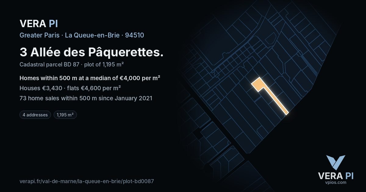 3 Allée des Pâquerettes, La Queue-en-Brie at night – the plot lit, the parcels around coloured by the prices near them