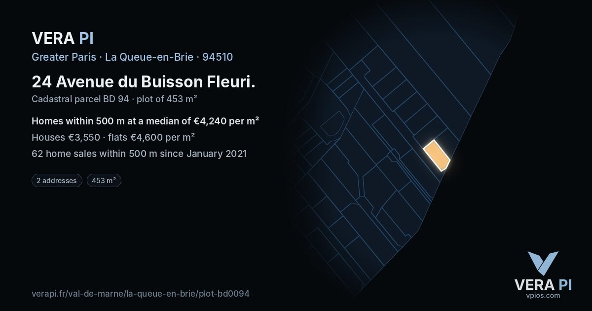 24 Avenue du Buisson Fleuri, La Queue-en-Brie at night – the plot lit, the parcels around coloured by the prices near them
