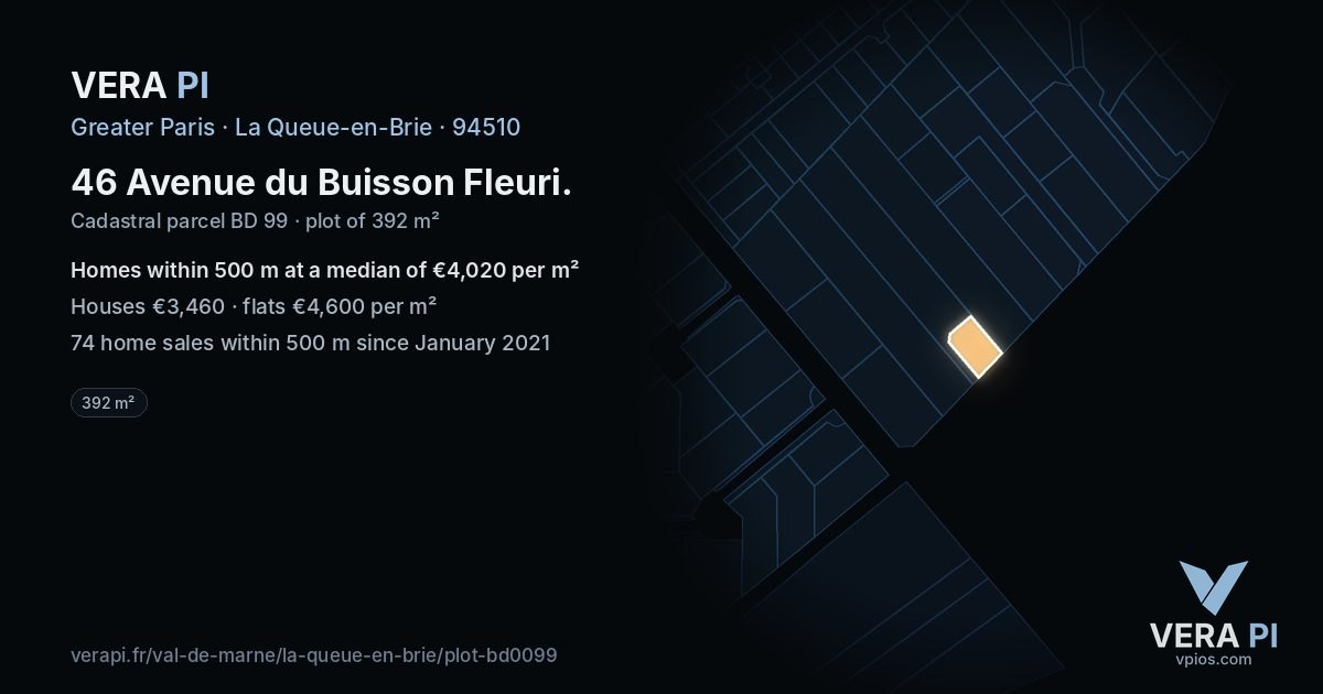 46 Avenue du Buisson Fleuri, La Queue-en-Brie at night – the plot lit, the parcels around coloured by the prices near them