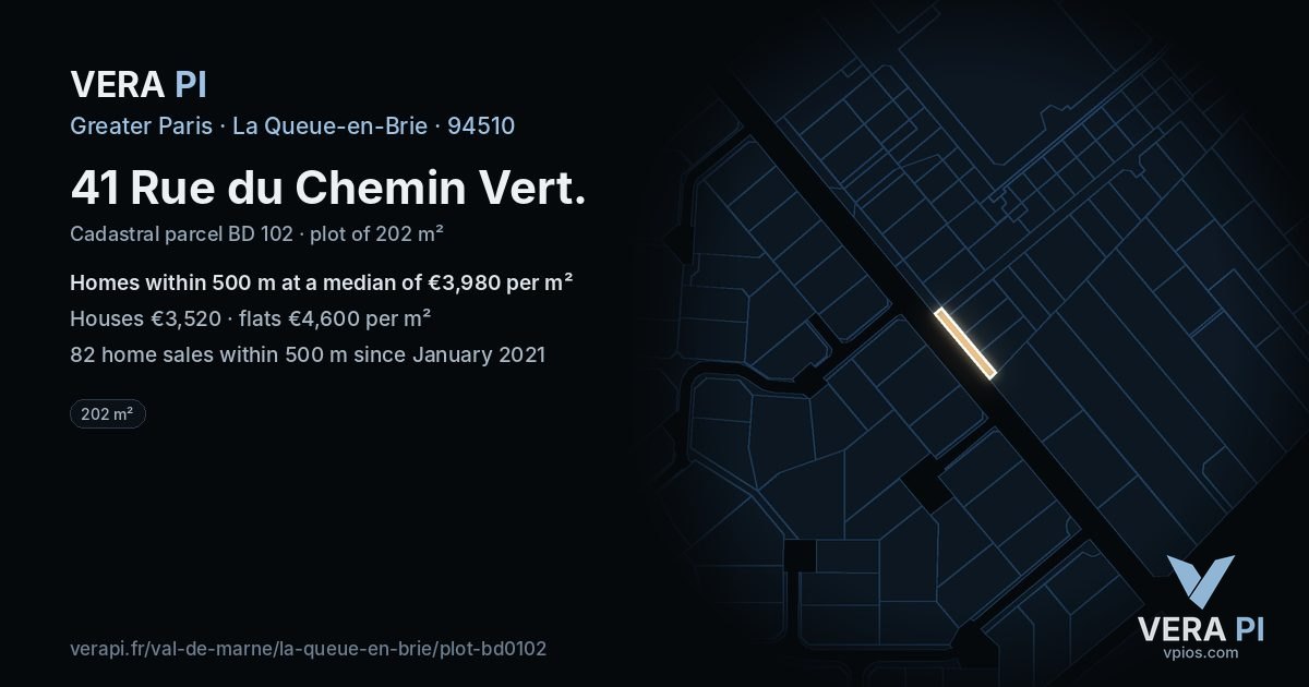 41 Rue du Chemin Vert, La Queue-en-Brie at night – the plot lit, the parcels around coloured by the prices near them