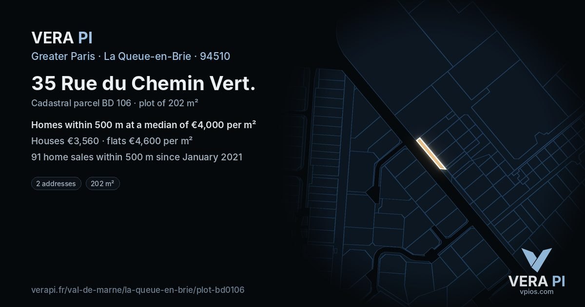 35 Rue du Chemin Vert, La Queue-en-Brie at night – the plot lit, the parcels around coloured by the prices near them