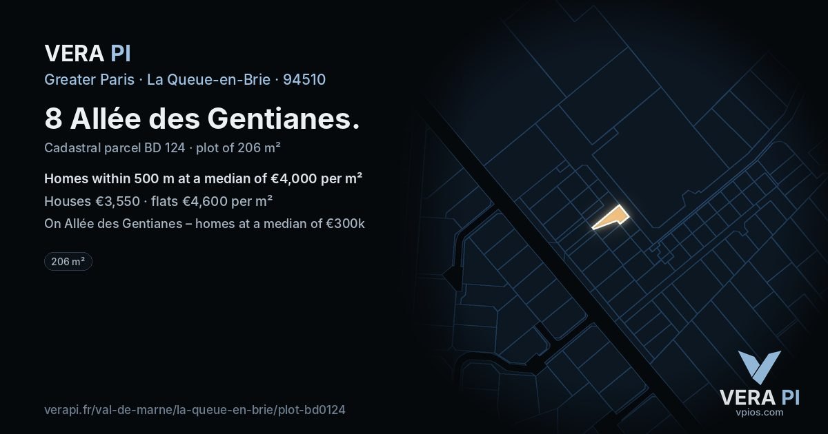 8 Allée des Gentianes, La Queue-en-Brie at night – the plot lit, the parcels around coloured by the prices near them