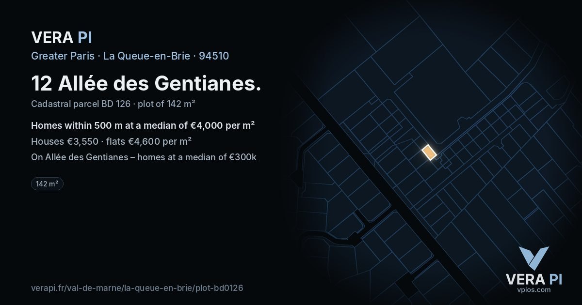 12 Allée des Gentianes, La Queue-en-Brie at night – the plot lit, the parcels around coloured by the prices near them