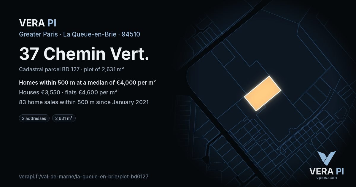 37 Chemin Vert, La Queue-en-Brie at night – the plot lit, the parcels around coloured by the prices near them