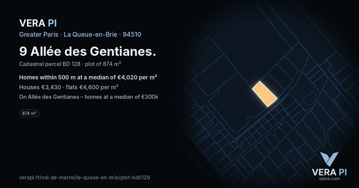 9 Allée des Gentianes, La Queue-en-Brie at night – the plot lit, the parcels around coloured by the prices near them