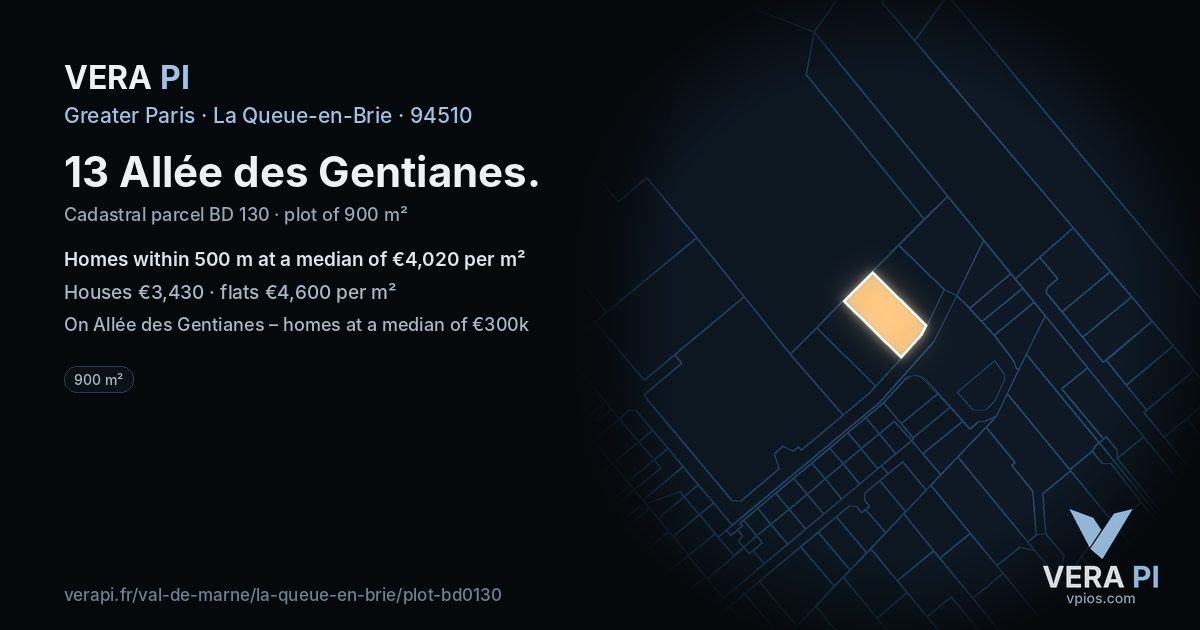 13 Allée des Gentianes, La Queue-en-Brie at night – the plot lit, the parcels around coloured by the prices near them