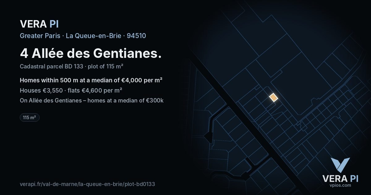 4 Allée des Gentianes, La Queue-en-Brie at night – the plot lit, the parcels around coloured by the prices near them