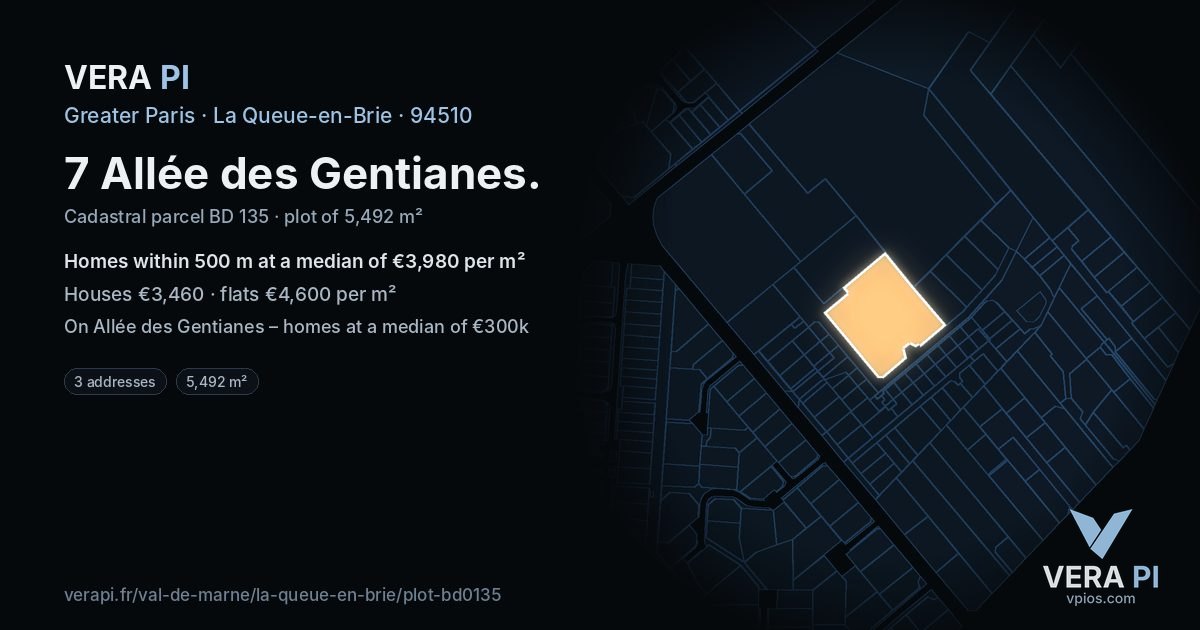 7 Allée des Gentianes, La Queue-en-Brie at night – the plot lit, the parcels around coloured by the prices near them