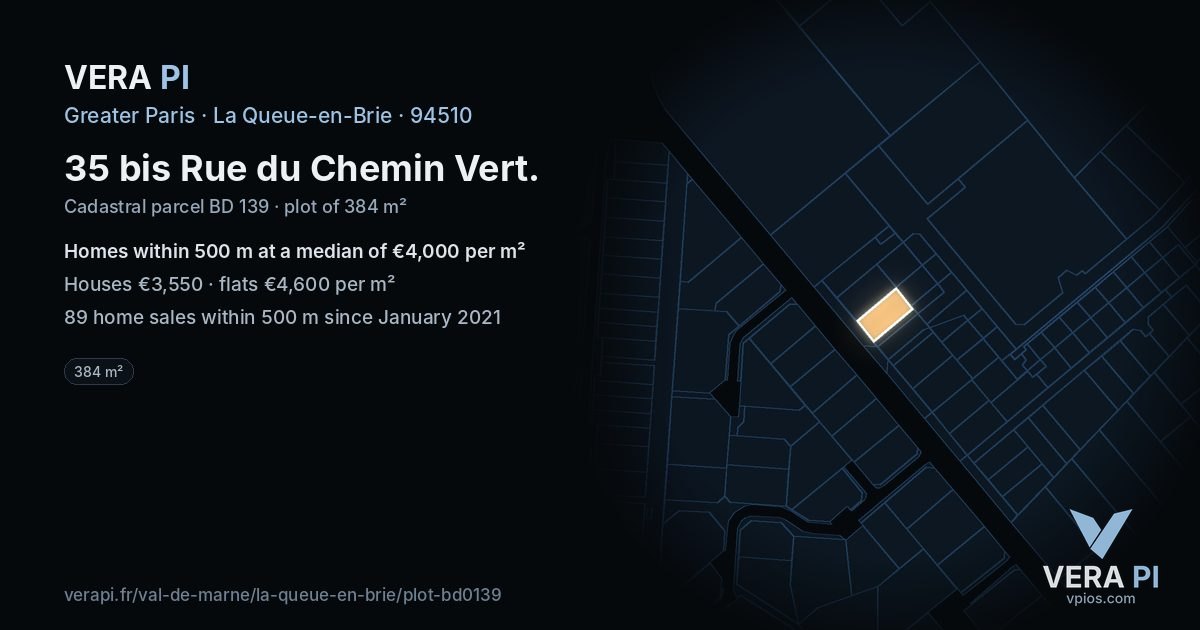 35 bis Rue du Chemin Vert, La Queue-en-Brie at night – the plot lit, the parcels around coloured by the prices near them