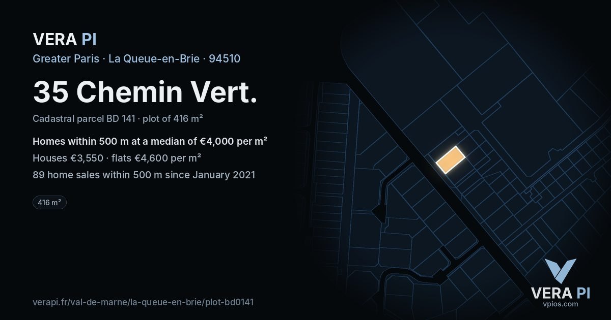 35 Chemin Vert, La Queue-en-Brie at night – the plot lit, the parcels around coloured by the prices near them