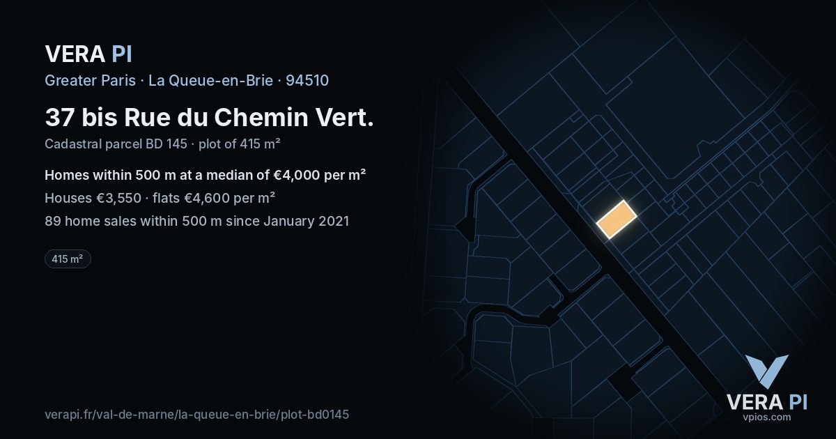 37 bis Rue du Chemin Vert, La Queue-en-Brie at night – the plot lit, the parcels around coloured by the prices near them