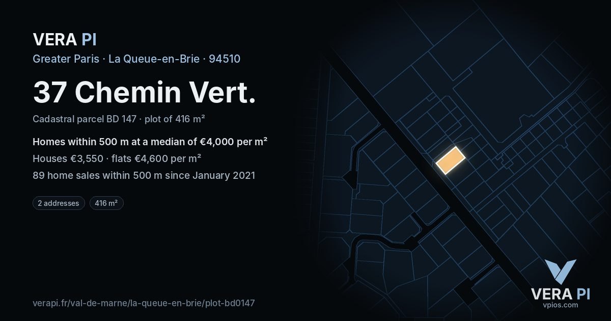 37 Chemin Vert, La Queue-en-Brie at night – the plot lit, the parcels around coloured by the prices near them