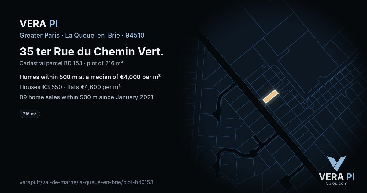 35 ter Rue du Chemin Vert, La Queue-en-Brie at night – the plot lit, the parcels around coloured by the prices near them