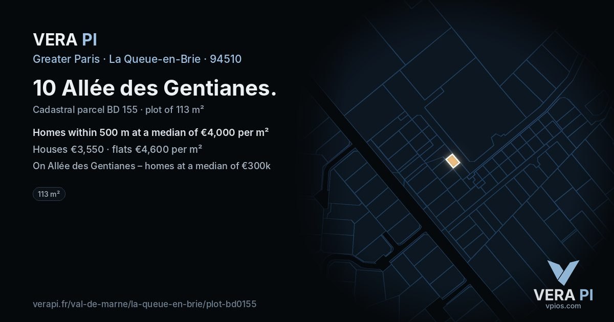 10 Allée des Gentianes, La Queue-en-Brie at night – the plot lit, the parcels around coloured by the prices near them