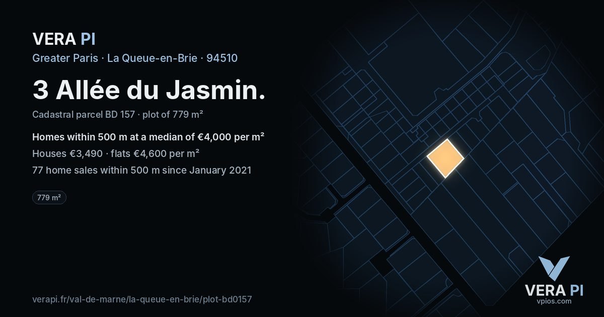 3 Allée du Jasmin, La Queue-en-Brie at night – the plot lit, the parcels around coloured by the prices near them