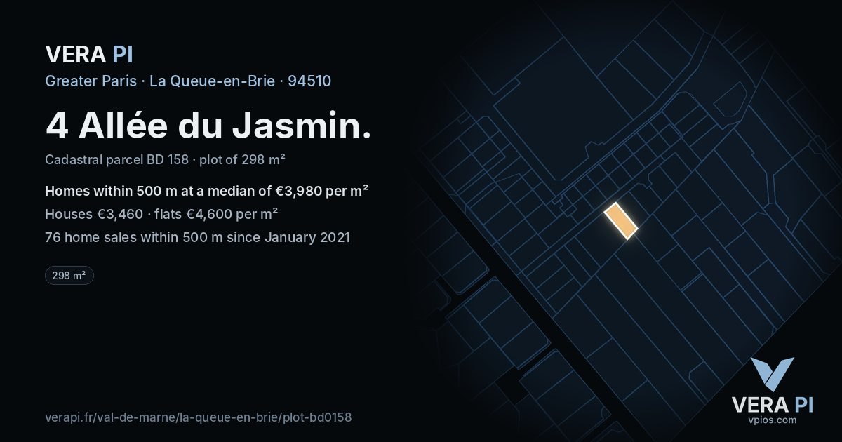 4 Allée du Jasmin, La Queue-en-Brie at night – the plot lit, the parcels around coloured by the prices near them