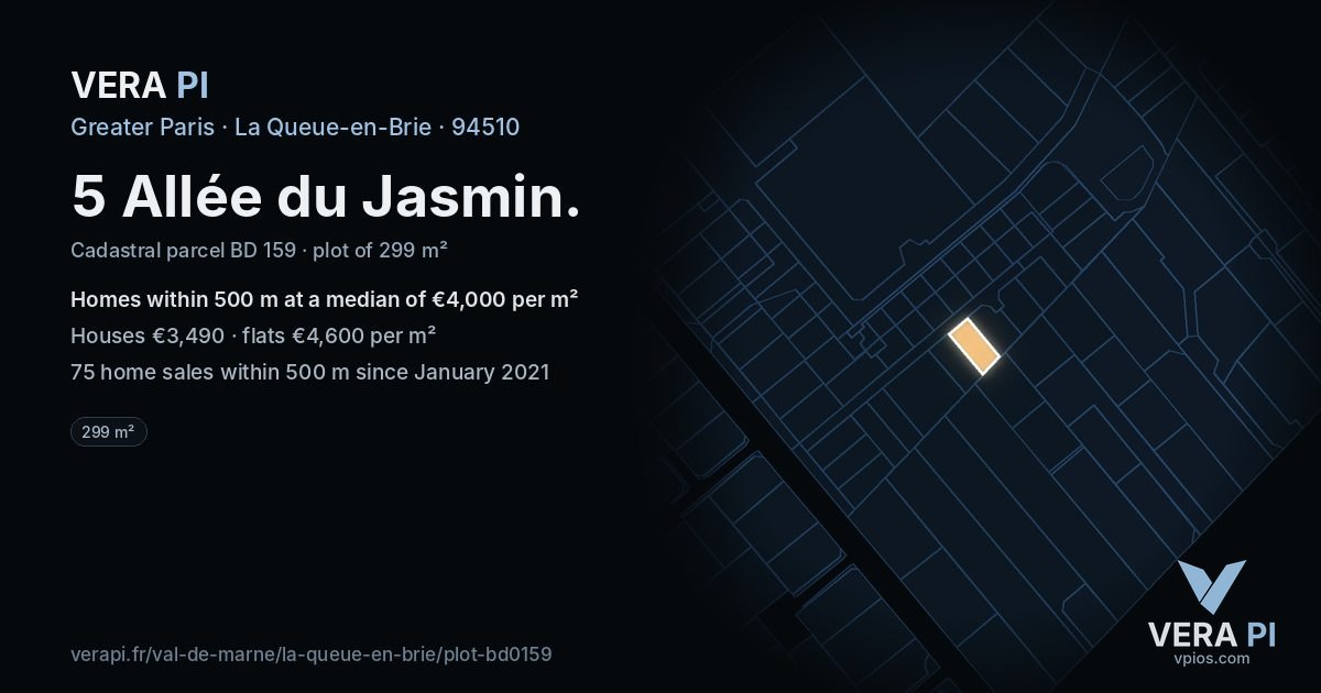 5 Allée du Jasmin, La Queue-en-Brie at night – the plot lit, the parcels around coloured by the prices near them