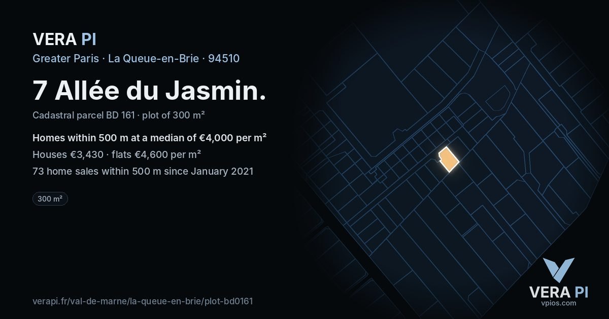 7 Allée du Jasmin, La Queue-en-Brie at night – the plot lit, the parcels around coloured by the prices near them