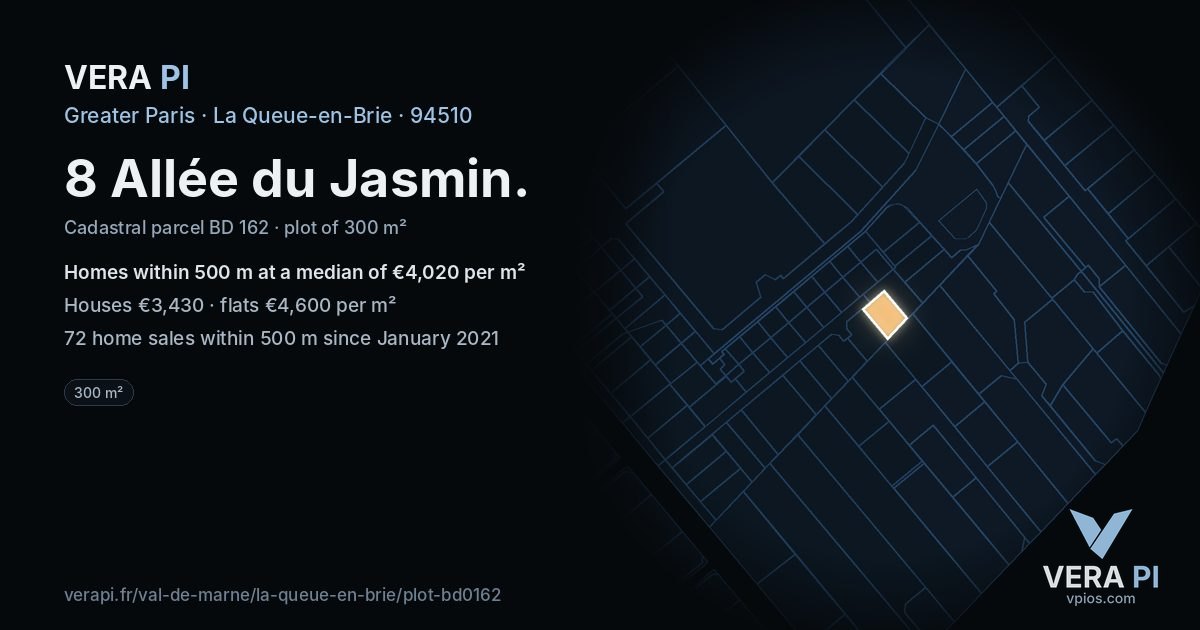 8 Allée du Jasmin, La Queue-en-Brie at night – the plot lit, the parcels around coloured by the prices near them