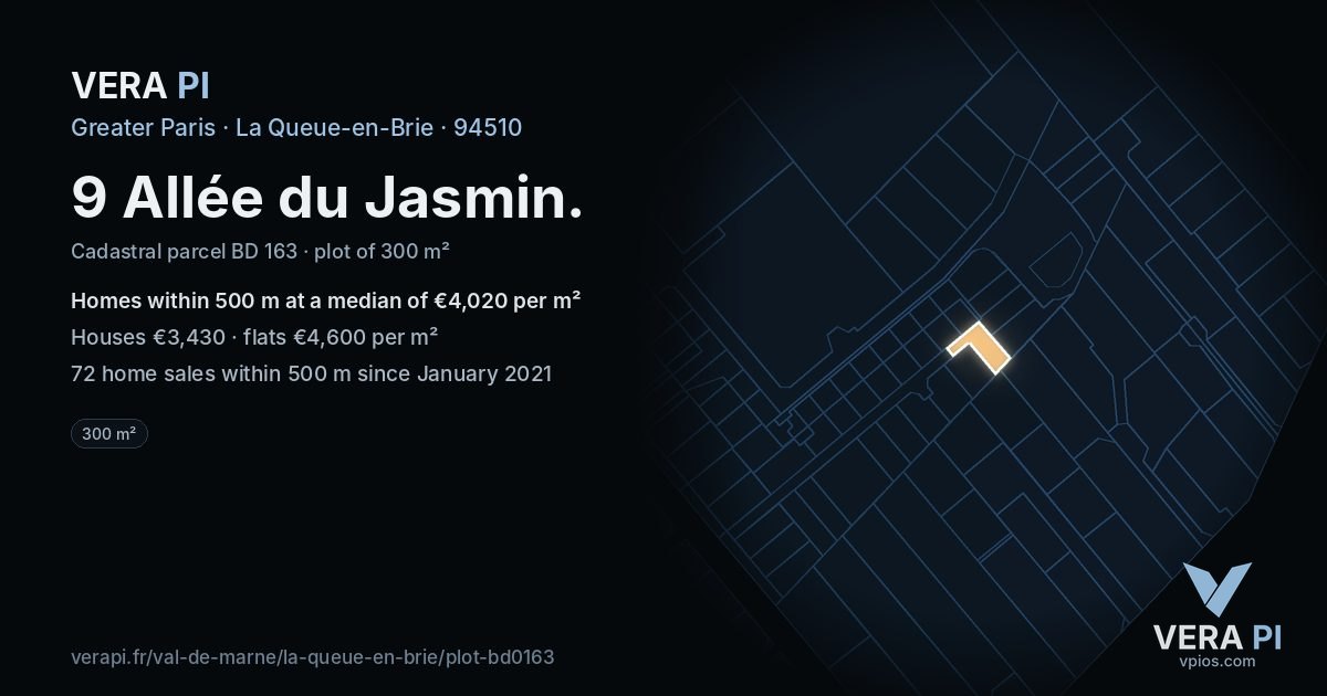 9 Allée du Jasmin, La Queue-en-Brie at night – the plot lit, the parcels around coloured by the prices near them