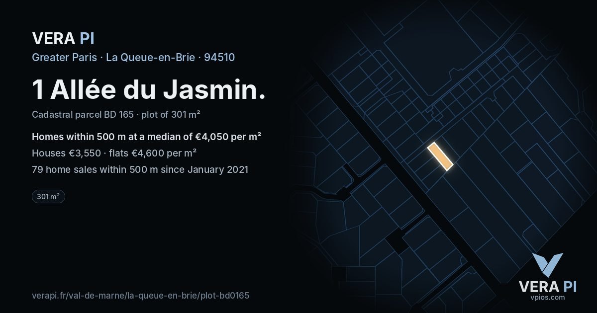 1 Allée du Jasmin, La Queue-en-Brie at night – the plot lit, the parcels around coloured by the prices near them