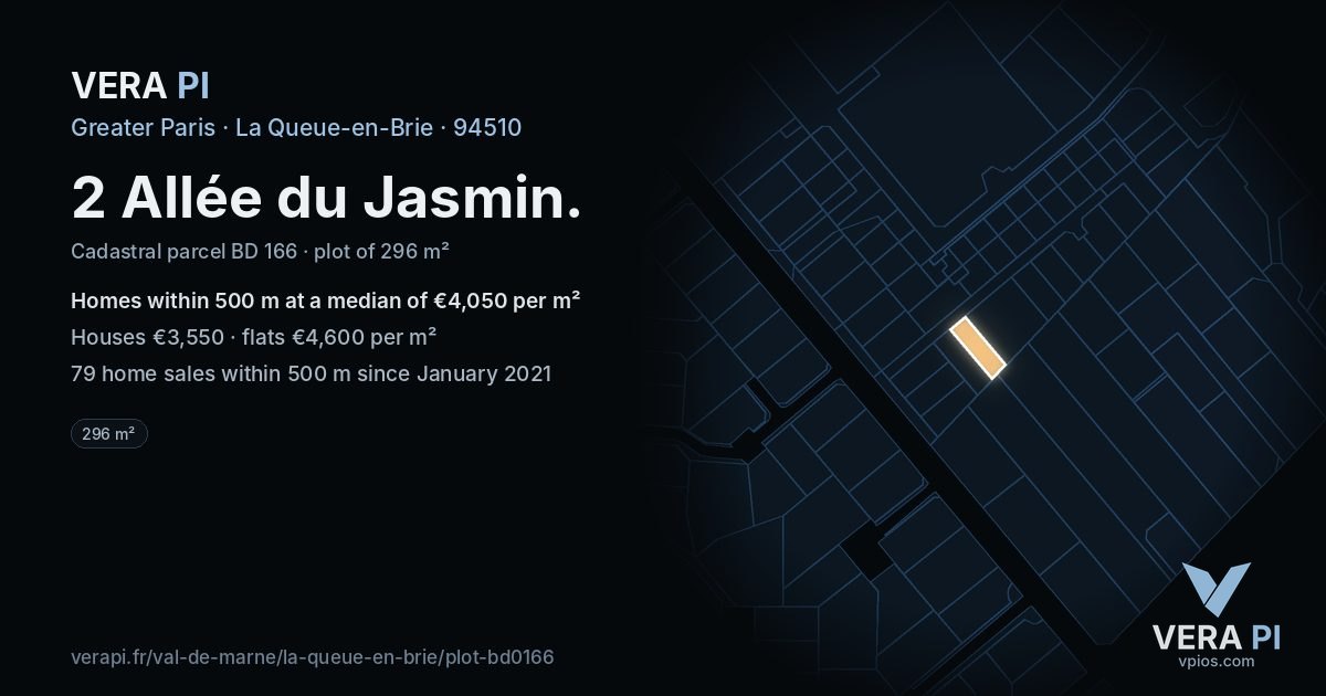 2 Allée du Jasmin, La Queue-en-Brie at night – the plot lit, the parcels around coloured by the prices near them