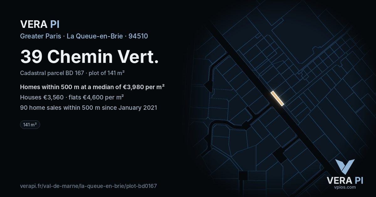 39 Chemin Vert, La Queue-en-Brie at night – the plot lit, the parcels around coloured by the prices near them