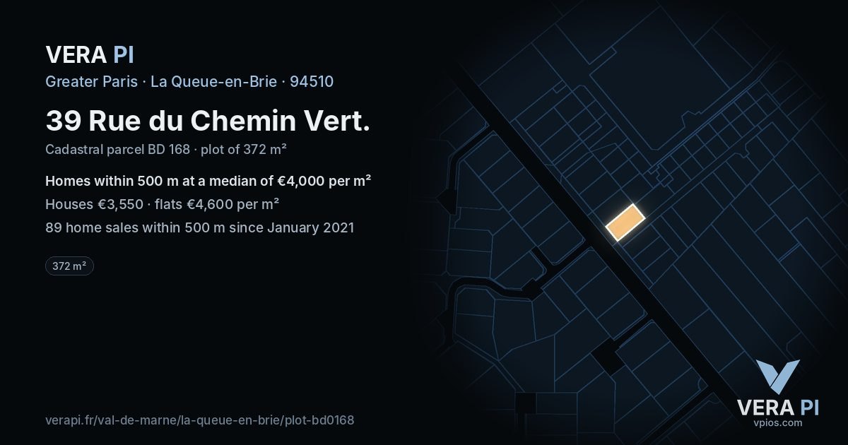 39 Rue du Chemin Vert, La Queue-en-Brie at night – the plot lit, the parcels around coloured by the prices near them